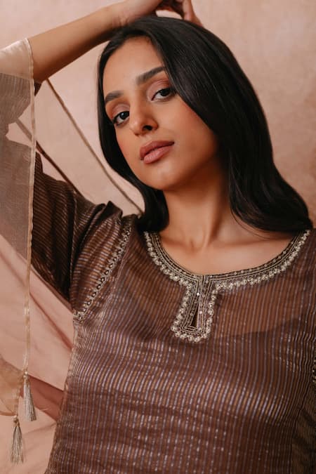 Label Mansi Nagdev_Brown Tissue, Organza Pearls, Sequins, Gota Patti, Embroidery, Hand Kurta Set _at_Aza_Fashions