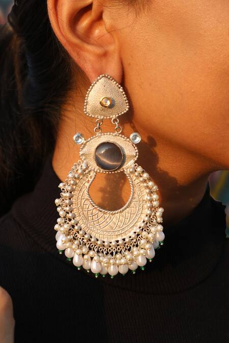 Arnimaa_Silver Plated Stones, Pearls Embellished Long Earrings _at_Aza_Fashions