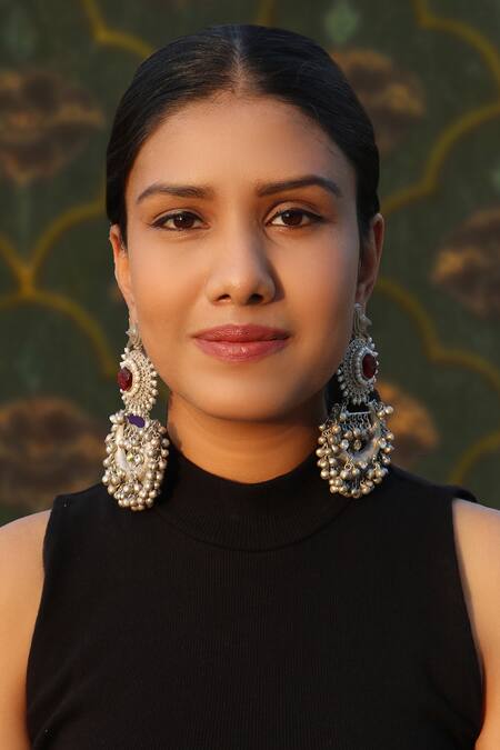 Arnimaa_Silver Plated Stones Bird Motif Chandbalis_Online_at_Aza_Fashions