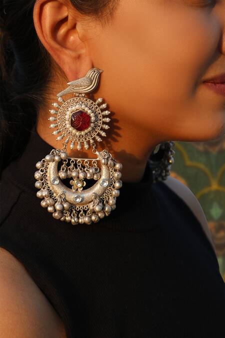 Buy_Arnimaa_Silver Plated Stones Bird Motif Chandbalis_Online_at_Aza_Fashions