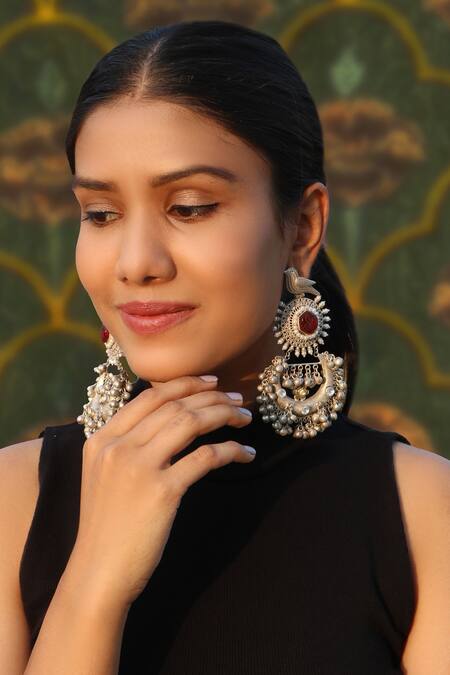 Shop_Arnimaa_Silver Plated Stones Bird Motif Chandbalis_Online_at_Aza_Fashions