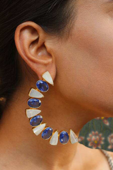 Arnimaa_Blue Stone And Mother Of Pearl Semi-circle Shape Earrings_at_Aza_Fashions