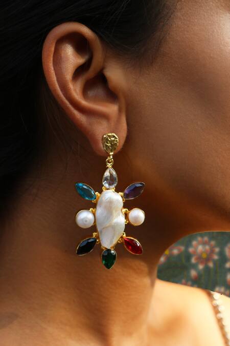 Buy_Arnimaa_White Stones, Pearls Embellished Earrings _Online_at_Aza_Fashions