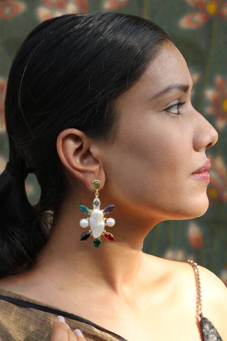 Arnimaa_White Stones, Pearls Embellished Earrings _at_Aza_Fashions