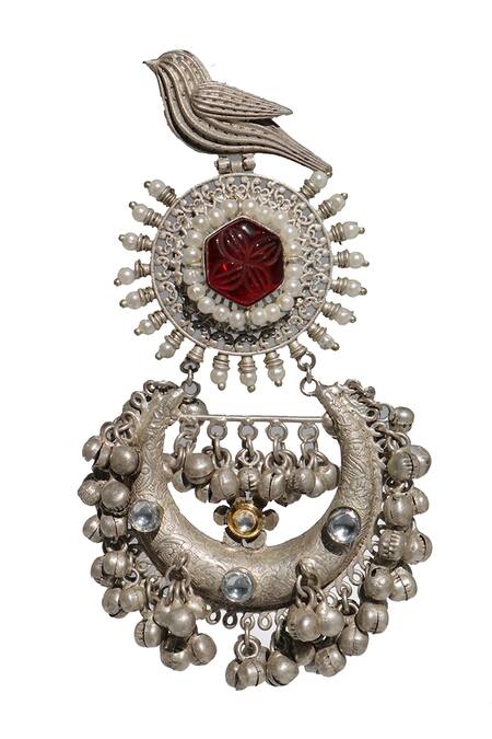 Arnimaa_Silver Plated Stones Bird Motif Chandbalis_at_Aza_Fashions