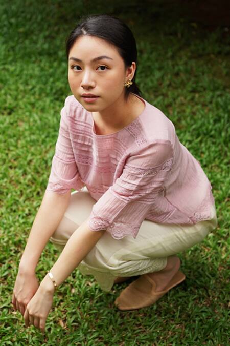 Baju_Purple Chanderi Cotton, Silk Lace Round Neck Embroidered Blouse_Online_at_Aza_Fashions