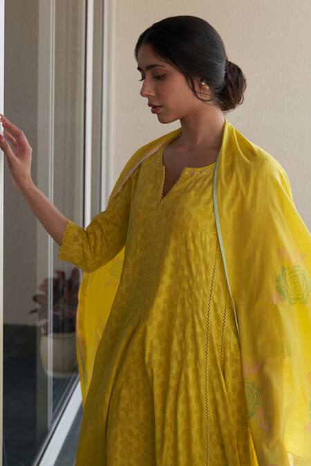 Shop Label Mansi Nagdev Yellow Cotton, Muslin Beads, Lace, Meera Anarkali Set With Printed Dupatta Online at Aza Fashions Shop_Label Mansi Nagdev_Yellow Cotton, Muslin Beads, Lace, Meera Anarkali Set With Printed Dupatta _Online_at_Aza_Fashions