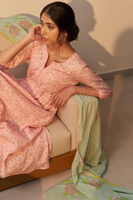 Buy_Label Mansi Nagdev_Peach Cotton, Muslin Beads, Lace, Tassels, Meera Floral Pattern Anarkali Set _Online_at_Aza_Fashions