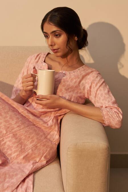 Shop_Label Mansi Nagdev_Peach Cotton, Muslin Beads, Lace, Tassels, Meera Floral Pattern Anarkali Set _Online_at_Aza_Fashions