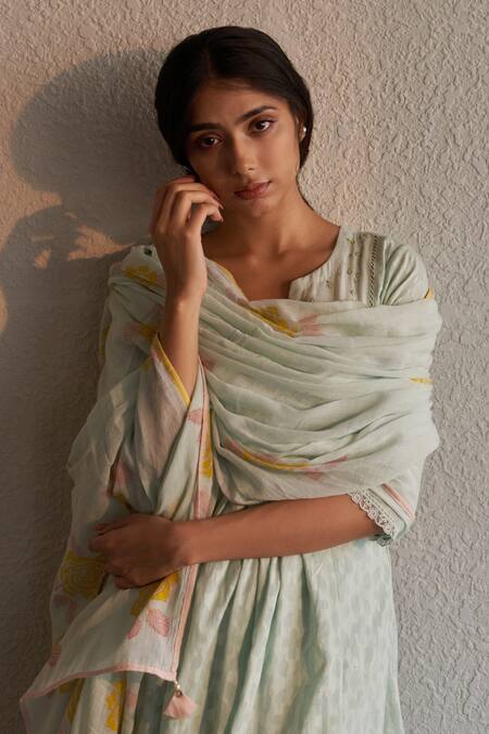 Label Mansi Nagdev_Blue Cotton, Muslin Beads, Embroidery, Tassels Round Gauri Yoke Anarkali Set _Online_at_Aza_Fashions