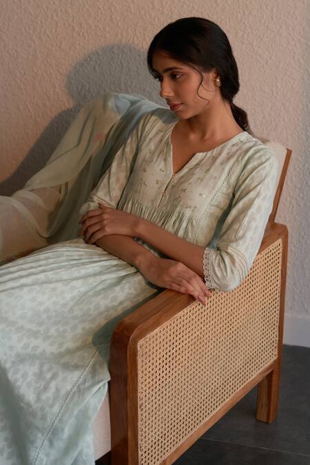 Buy_Label Mansi Nagdev_Blue Cotton, Muslin Beads, Embroidery, Tassels Round Gauri Yoke Anarkali Set _Online_at_Aza_Fashions