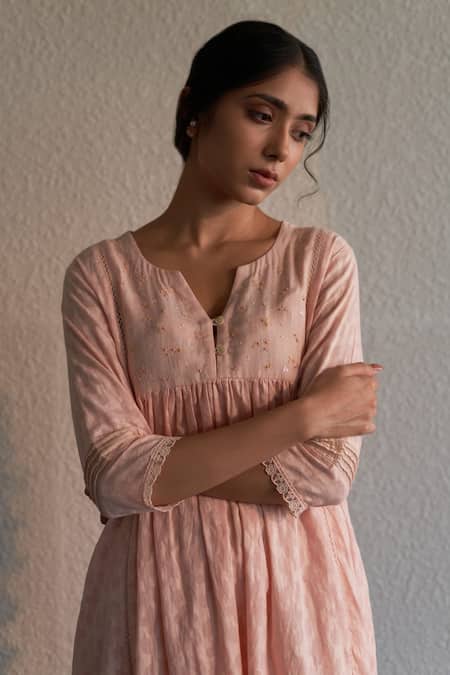 Label Mansi Nagdev_Pink Anarkali Cotton Hand Block Print And Embroidered Rose Floral Pattern Set _Online_at_Aza_Fashions