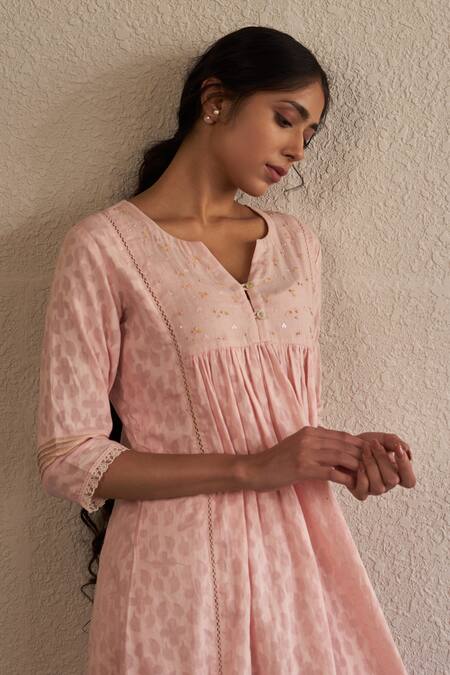 Buy_Label Mansi Nagdev_Pink Anarkali Cotton Hand Block Print And Embroidered Rose Floral Pattern Set _Online_at_Aza_Fashions