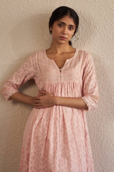 Shop_Label Mansi Nagdev_Pink Anarkali Cotton Hand Block Print And Embroidered Rose Floral Pattern Set _Online_at_Aza_Fashions