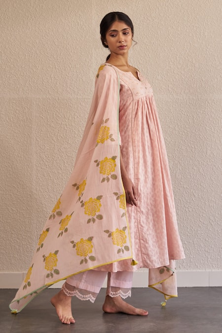 Label Mansi Nagdev_Pink Anarkali Cotton Hand Block Print And Embroidered Rose Floral Pattern Set _at_Aza_Fashions