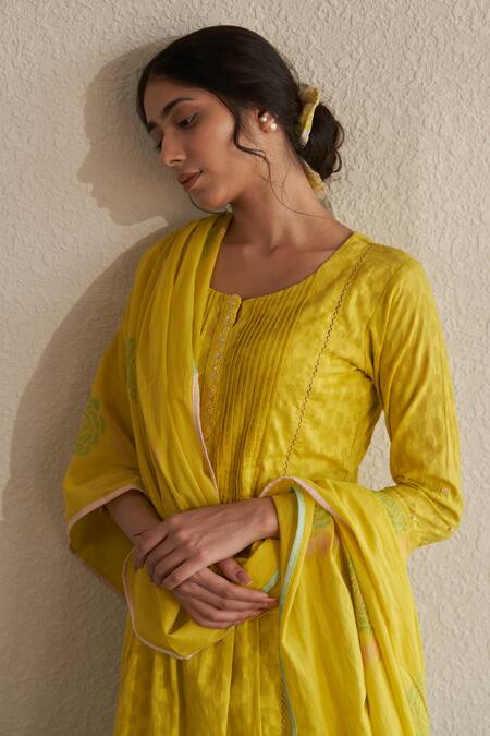 Shop_Label Mansi Nagdev_Yellow Kurta Cotton Hand Block Printed And Embroidered Floral Pattern A-line Set _Online_at_Aza_Fashions