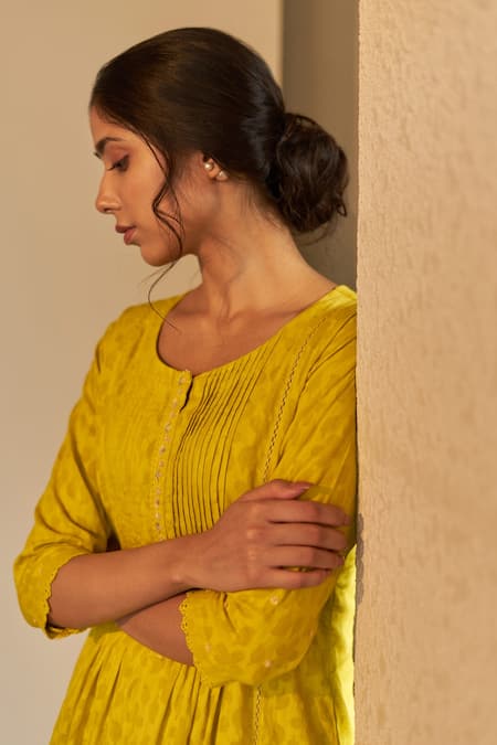 Label Mansi Nagdev_Yellow Kurta Cotton Hand Block Printed And Embroidered Floral Pattern A-line Set _at_Aza_Fashions