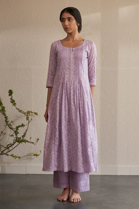 Label Mansi Nagdev_Purple Kurta Cotton Rose Hand Block Drishti Floral Pattern A-line Anarkali Set _Online_at_Aza_Fashions