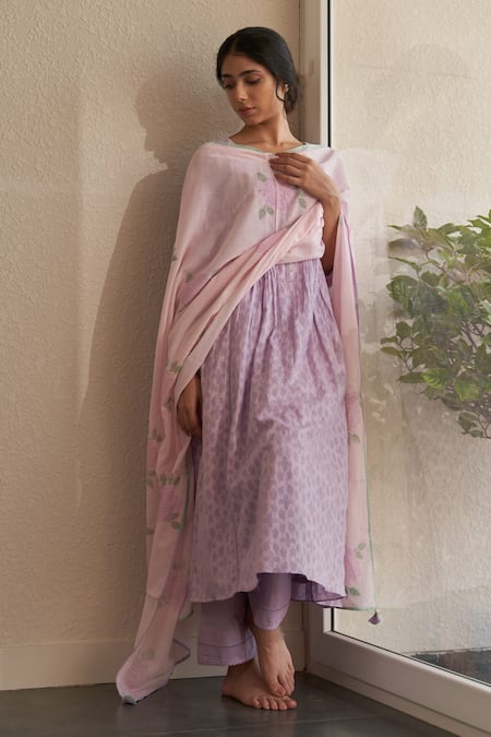 Buy_Label Mansi Nagdev_Purple Kurta Cotton Rose Hand Block Drishti Floral Pattern A-line Anarkali Set _Online_at_Aza_Fashions