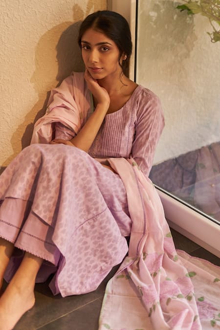 Shop_Label Mansi Nagdev_Purple Kurta Cotton Rose Hand Block Drishti Floral Pattern A-line Anarkali Set _Online_at_Aza_Fashions