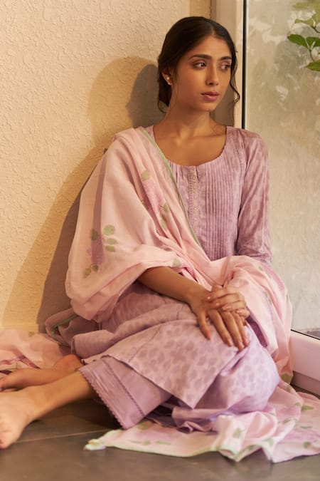 Label Mansi Nagdev_Purple Kurta Cotton Rose Hand Block Drishti Floral Pattern A-line Anarkali Set _at_Aza_Fashions