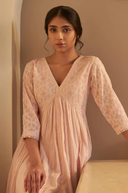 Label Mansi Nagdev Pink Cotton, Muslin Embroidery, Tassels Neeva Placement Block Print Anarkali Set at Aza Fashions Label Mansi Nagdev_Pink Cotton, Muslin Embroidery, Tassels Neeva Placement Block Print Anarkali Set _at_Aza_Fashions