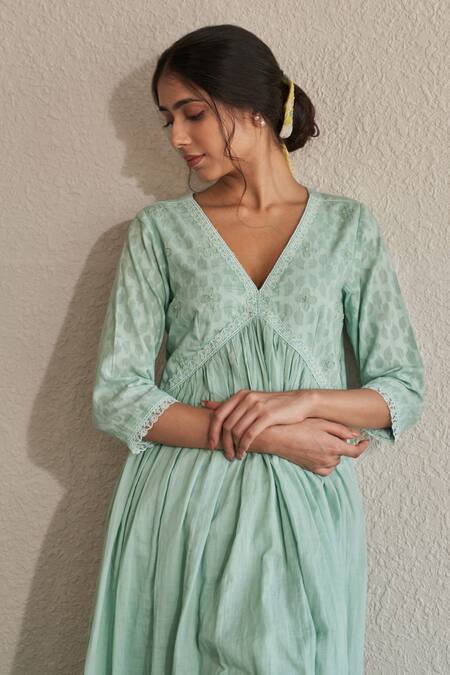 Label Mansi Nagdev Blue Cotton, Muslin Embroidery, Lace, Rose Hand Block Printed Anarkali Set Online at Aza Fashions Label Mansi Nagdev_Blue Cotton, Muslin Embroidery, Lace, Rose Hand Block Printed Anarkali Set _Online_at_Aza_Fashions