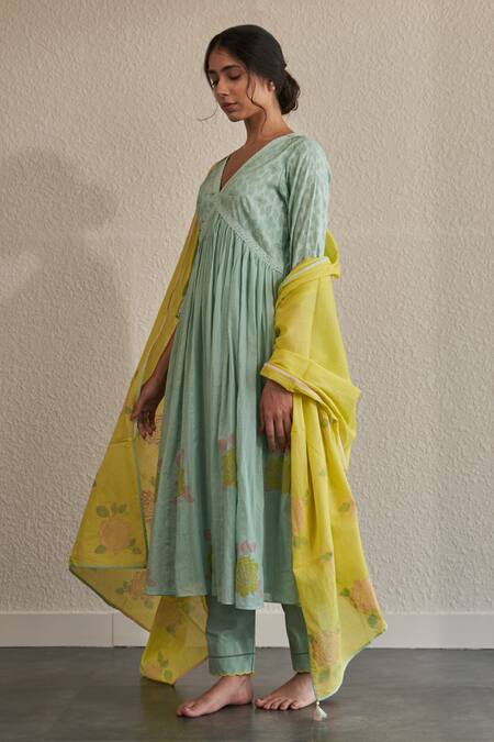 Buy Label Mansi Nagdev Blue Cotton, Muslin Embroidery, Lace, Rose Hand Block Printed Anarkali Set Online at Aza Fashions Buy_Label Mansi Nagdev_Blue Cotton, Muslin Embroidery, Lace, Rose Hand Block Printed Anarkali Set _Online_at_Aza_Fashions