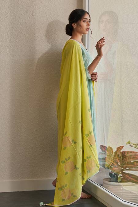 Shop Label Mansi Nagdev Blue Cotton, Muslin Embroidery, Lace, Rose Hand Block Printed Anarkali Set Online at Aza Fashions Shop_Label Mansi Nagdev_Blue Cotton, Muslin Embroidery, Lace, Rose Hand Block Printed Anarkali Set _Online_at_Aza_Fashions