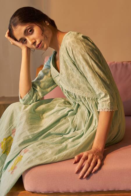 Label Mansi Nagdev Blue Cotton, Muslin Embroidery, Lace, Rose Hand Block Printed Anarkali Set at Aza Fashions Label Mansi Nagdev_Blue Cotton, Muslin Embroidery, Lace, Rose Hand Block Printed Anarkali Set _at_Aza_Fashions