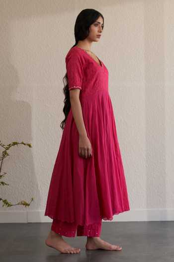 Label Mansi Nagdev_Pink Cotton, Muslin Beads, Lace, Sitara Anarkali Set With Printed Dupatta _Online_at_Aza_Fashions