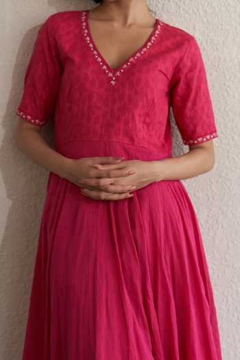 Shop_Label Mansi Nagdev_Pink Cotton, Muslin Beads, Lace, Sitara Anarkali Set With Printed Dupatta _Online_at_Aza_Fashions