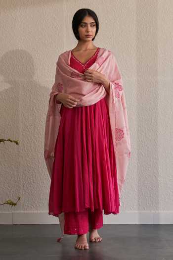 Label Mansi Nagdev_Pink Cotton, Muslin Beads, Lace, Sitara Anarkali Set With Printed Dupatta _at_Aza_Fashions