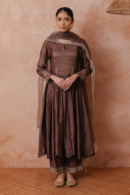 Label Mansi Nagdev Brown Chanderi, Cotton, Silk, Tissue Pearls, Rumaisa Anarkali Palazzo Set Online at Aza Fashions Label Mansi Nagdev_Brown Chanderi, Cotton, Silk, Tissue Pearls, Rumaisa Anarkali Palazzo Set _Online_at_Aza_Fashions