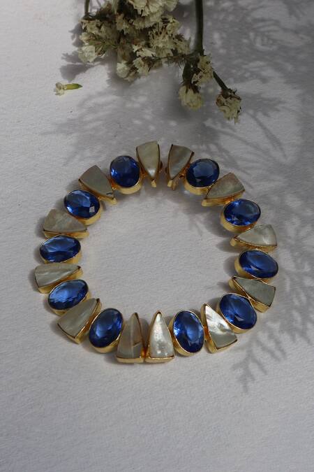 Shop_Arnimaa_Blue Stone And Mother Of Pearl Semi-circle Shape Earrings_Online_at_Aza_Fashions