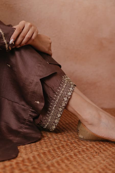 Shop Label Mansi Nagdev Brown Chanderi, Cotton, Silk, Tissue Pearls, Rumaisa Anarkali Palazzo Set Online at Aza Fashions Shop_Label Mansi Nagdev_Brown Chanderi, Cotton, Silk, Tissue Pearls, Rumaisa Anarkali Palazzo Set _Online_at_Aza_Fashions