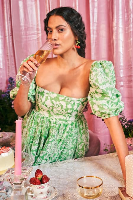 Buy Therealb Green Polyester Embroidery Square Neck Chamomile Ballerian Balloon Sleeve Dress Online at Aza Fashions Buy_Therealb_Green Polyester Embroidery Square Neck Chamomile Ballerian Balloon Sleeve Dress _Online_at_Aza_Fashions