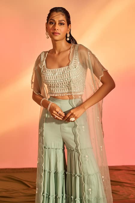 Buy_J By Jannat_Green Organza Hand Embroidered Floral Square Neck Cape Sharara Set _Online_at_Aza_Fashions