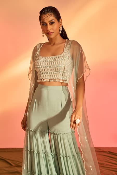 Shop_J By Jannat_Green Organza Hand Embroidered Floral Square Neck Cape Sharara Set _Online_at_Aza_Fashions