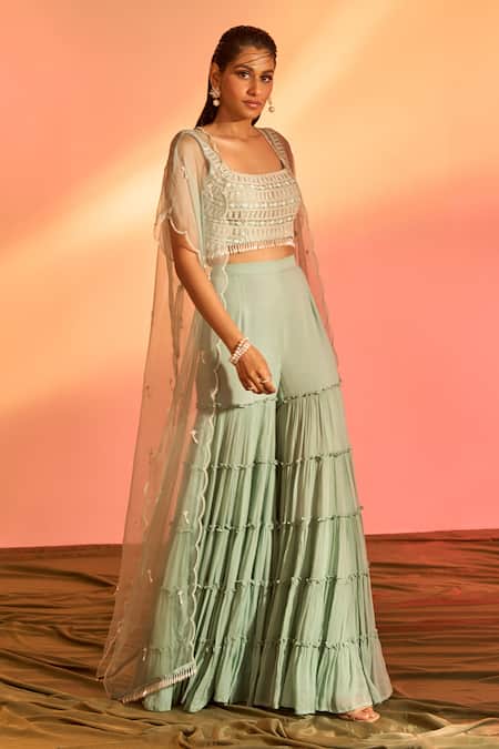 J By Jannat_Green Organza Hand Embroidered Floral Square Neck Cape Sharara Set _at_Aza_Fashions