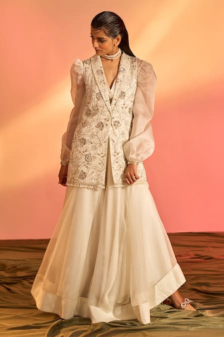 J By Jannat_Ivory Modal Satin Hand Embroidered Floral Jacket  Shawl Lapel With Skirt Set _Online_at_Aza_Fashions