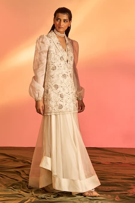 Buy_J By Jannat_Ivory Modal Satin Hand Embroidered Floral Jacket  Shawl Lapel With Skirt Set _Online_at_Aza_Fashions