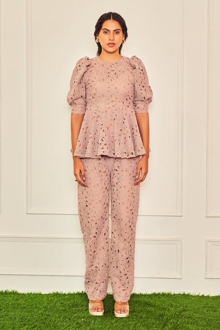 Buy_Therealb_Brown Cotton Embroidery, Cut Work Round Neck Floral Top And Straight Pant Set _Online_at_Aza_Fashions