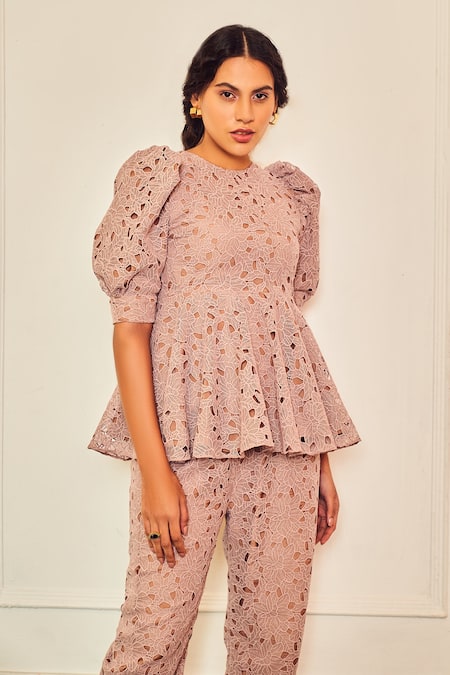 Shop_Therealb_Brown Cotton Embroidery, Cut Work Round Neck Floral Top And Straight Pant Set _Online_at_Aza_Fashions