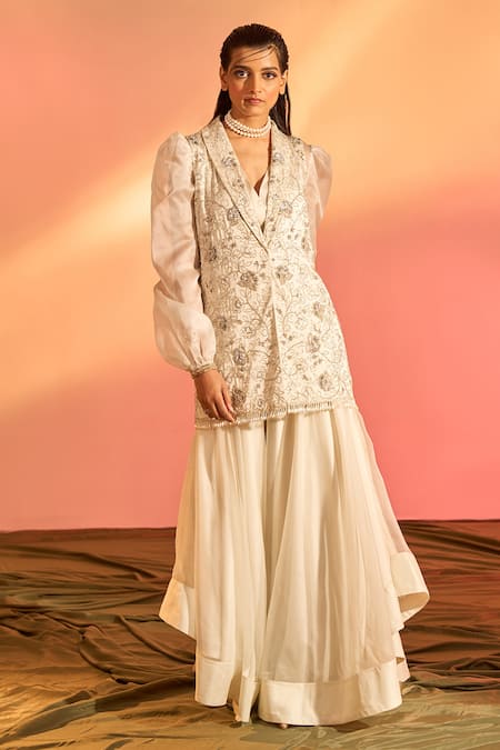 Shop_J By Jannat_Ivory Modal Satin Hand Embroidered Floral Jacket  Shawl Lapel With Skirt Set _Online_at_Aza_Fashions