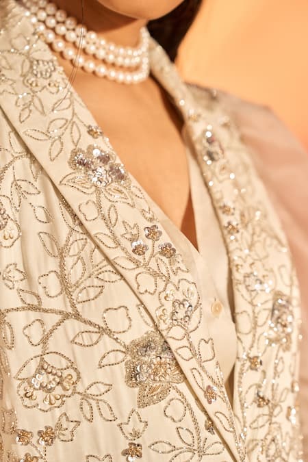 J By Jannat_Ivory Modal Satin Hand Embroidered Floral Jacket  Shawl Lapel With Skirt Set _at_Aza_Fashions