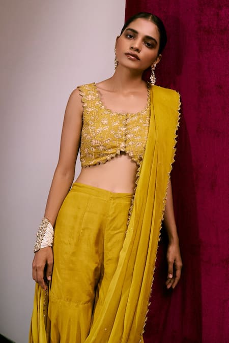 Buy 17:17 By Simmi Saboo Yellow Muslin Silk And Organza Thread & Sharara Saree With Embroidered Bustier Online at Aza Fashions Buy_17:17 By Simmi Saboo_Yellow Muslin Silk And Organza Thread & Sharara Saree With Embroidered Bustier_Online_at_Aza_Fashions