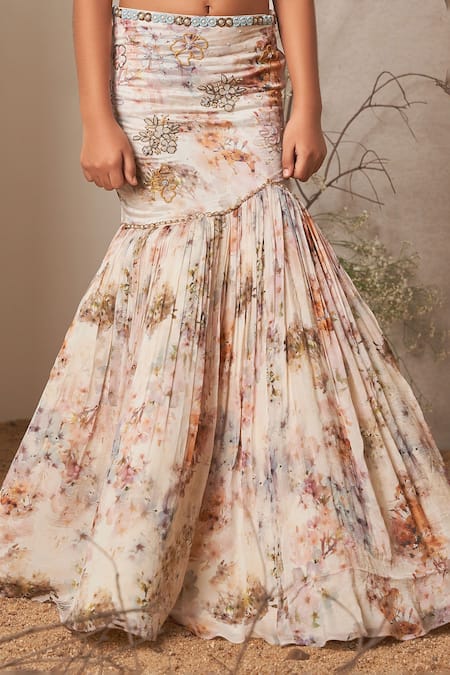 Merge Design Beige Crepe Sequins Floral Print Fish Cut Lehenga Set Online at Aza Fashions Merge Design_Beige Crepe Sequins Floral Print Fish Cut Lehenga Set _Online_at_Aza_Fashions