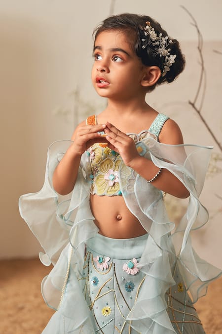 Merge Design_Aqua Net, Modal, Organza Beads, Embroidery Floral Applique Lehenga Set _Online_at_Aza_Fashions