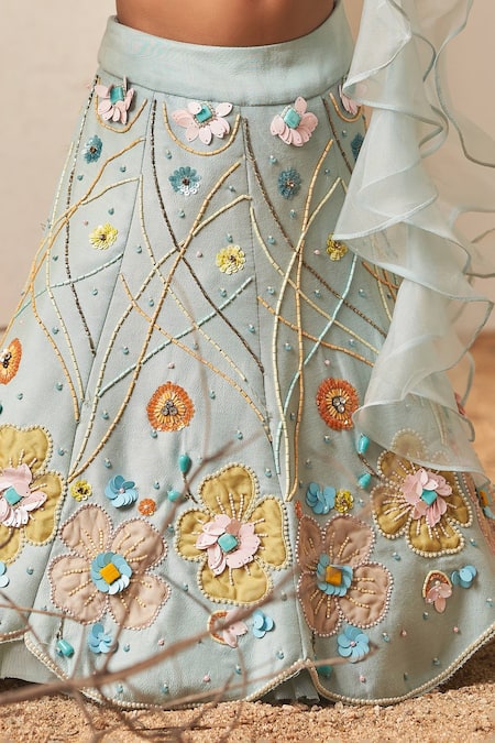 Buy_Merge Design_Aqua Net, Modal, Organza Beads, Embroidery Floral Applique Lehenga Set _Online_at_Aza_Fashions